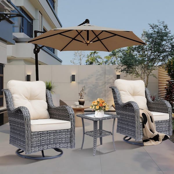 Gray 3-Piece Wicker Patio Conversation Set with All-Weather Swivel Rocking Chairs Beige Cushions