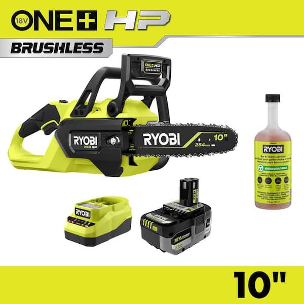 ONE+ HP 18V Brushless 10 in. Battery Chainsaw with 24 oz. Biodegradable Bar and Chain Oil, 4.0 Ah Battery and Charger