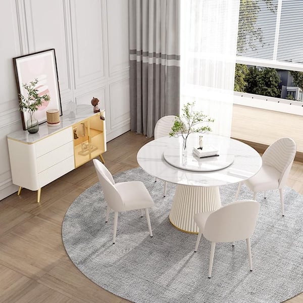 53.15 in. White Circular Rotable Sintered Stone Tabletop with Lazy Susan Pedestal Base Kitchen Dining Table (Seats-6)