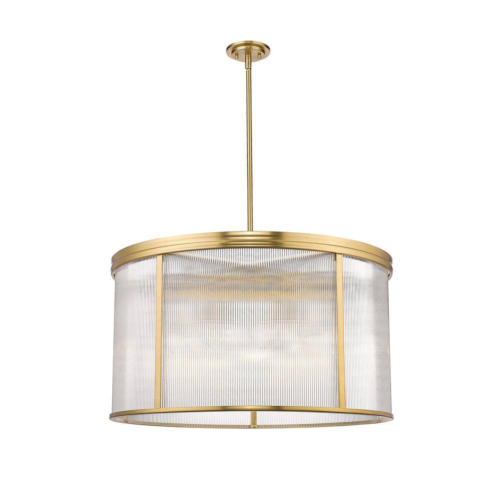 Modern Gold 9-Light Drum Chandelier with Ribbed Glass