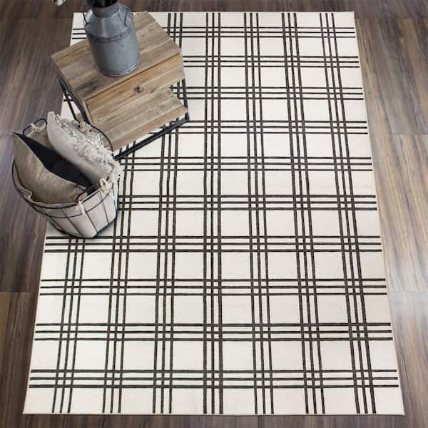 Plaid Black and Cream 5 ft. x 7 ft. Machine Washable Area Rug