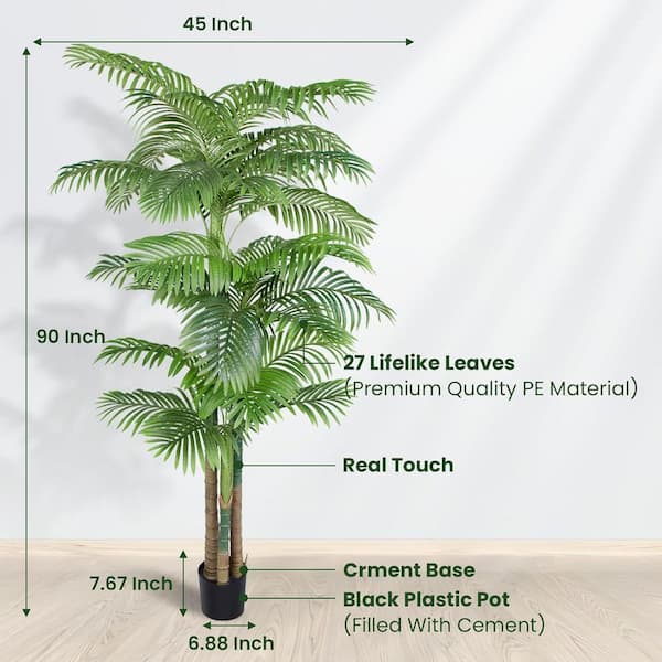 7.5 ft Artificial Triple Stalk Golden Cane Palm Tree in black Pot for Indoor/Outdoor Office House Living Room Home Decor