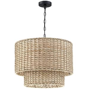 Seymour 20 in. 4-Light Black Canopy Natural Rattan Tiered Drum Pendant Chandelier Light