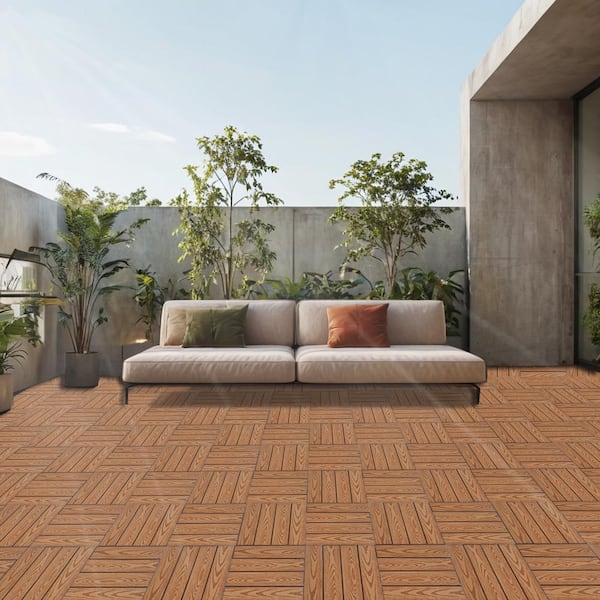 GOGEXX 11.8 in.Wx11.8 in.L Outdoor Striped Pattern WPC Composite Interlocking Flooring Deck Tiles (20 Per Box), Light Coffee
