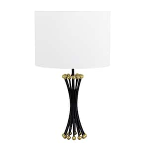 30 in. Black and Gold Hardwired LED Slender Metal Table Lamp with Classic White Linen Shade