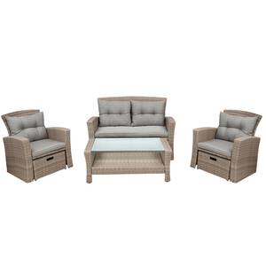 4-Piece Wicker Patio Conversation Set with Gray Cushions and Ottoman