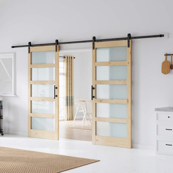 72 in. x 84 in. 5-Lite Tempered Frosted Glass Solid Core Spruce Wood Sliding Barn Door with Hardware Kit