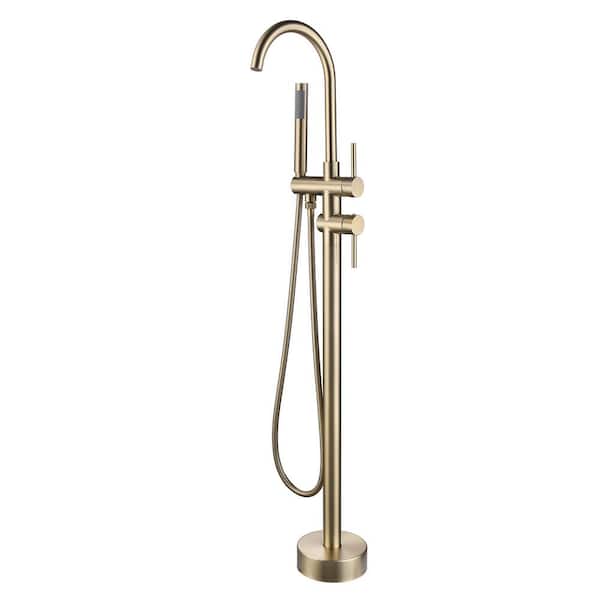 Unbranded 1-Handle Free Standing Floor Mount Tub Faucet Bathtub Filler with Hand Shower in Brushed Gold
