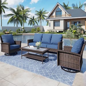 Black 4-Pieces Metal Patio Conversation Sectional Seating Set with Swivel Sofa Chairs, Glass Top Table and Blue Cushions