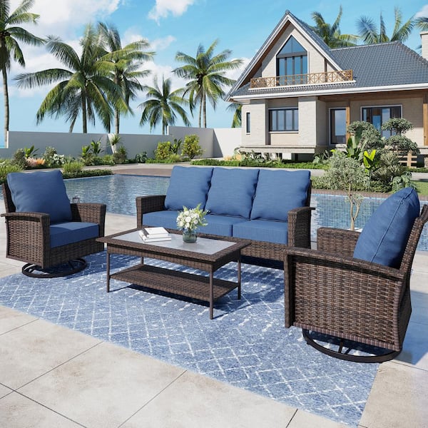 PHI VILLA Black 4-Pieces Metal Patio Conversation Sectional Seating Set with Swivel Sofa Chairs, Glass Top Table and Blue Cushions