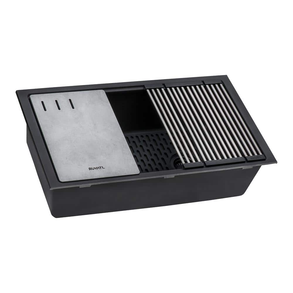 Midnight Black Granite Composite Drop-in Kitchen Sink with Workstation