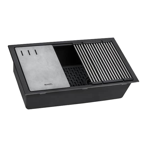 epiStage 33 in. Undermount SIngle Bowl Workstation Kitchen Sink in Matte Black Granite Composite with Offset Drain