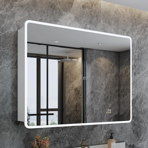 HBEZON Artemis 24 in. W x 36 in. H Small Rectangular Aluminum Rounded Edge Dimmable Medicine Cabinet with Mirror, Left Hinge