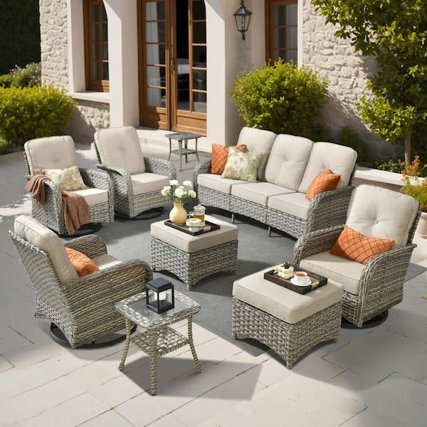 Beverly 9-Piece Wicker Patio Conversation Sofa Swivel Rocking Chairs Set with Ottomans and Beige Cushions