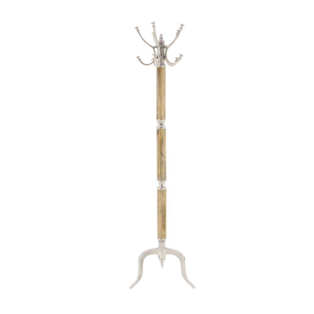 Silver and Wood Tall Coat Rack with Aluminum Hooks