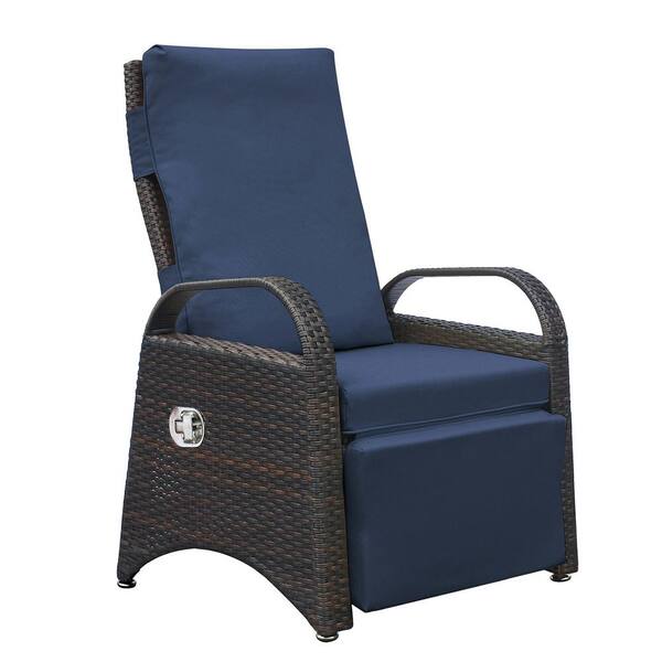 JimsMaison Brown PE Wicker Retro Outdoor Lounge Chair with Armrests and Cushion in Navy Blue