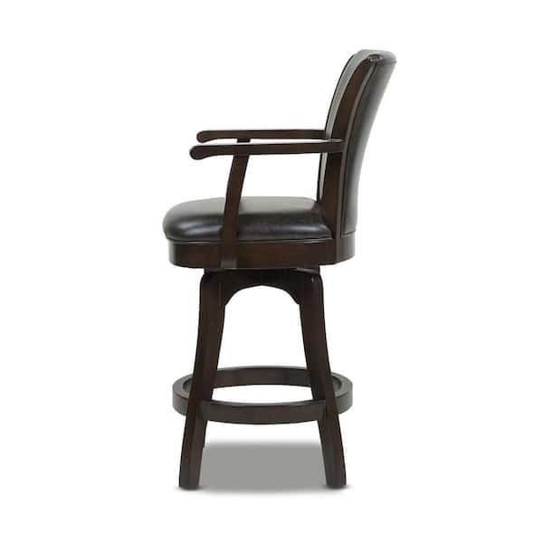 Williams 27 in. Black Brown  Faux Leather Modern Rustic High Back Swivel Bar Stool with Armrests and Wood Frame