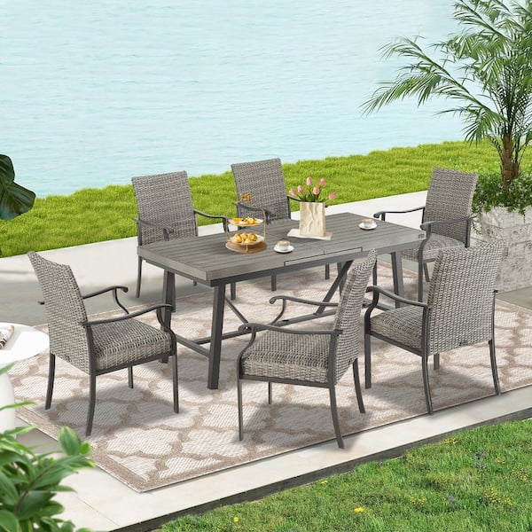 ULAX FURNITURE 7-Piece Wicker Outdoor Dining Set, Extendable Table and Dining Armchairs