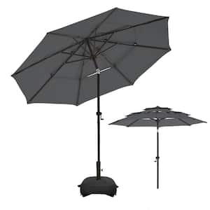 9 ft. 3 Tiers Aluminum Outdoor Market Umbrella Patio Umbrella with Push Button Tilt and Base in Dark Grey