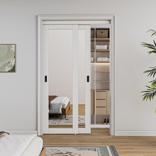48 in. x 96 in. Solid Core 1-Lite Mirror White Primed MDF Interior Closet Sliding Door with Hardware and Black Handle