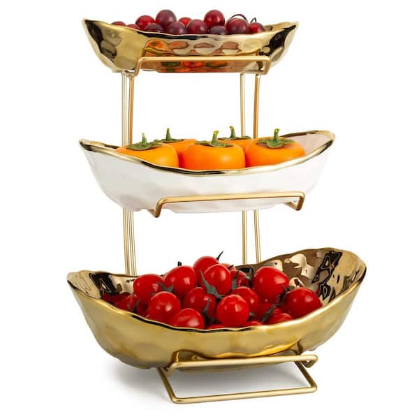 1 Piece 3-Tier Gold Ceramic Decorative Fruit Bowl Fruteros Para Cocina for Kitchen Counter Storage Set
