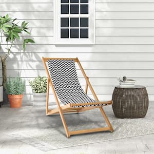Natural Folding Bamboo Sling Outdoor Lounge Chair in Black and White Reclining Canvas Portable