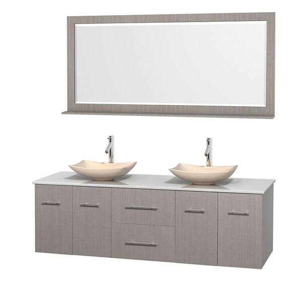 Wyndham Collection Centra 72 in. Double Vanity in Gray Oak with Solid-Surface Vanity Top in White, Ivory Marble Sinks and 70 in. Mirror
