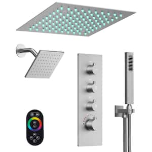 LED Dual Showers with Valve 7-Spray Dual Ceiling Mount 12 in. Fixed and Handheld Shower Head 2.5 GPM in Brushed Nickel