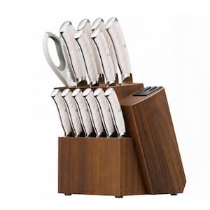 15-Piece Stainless Steel German Kitchen Knife Set with Block, Dual Sharpener and Ergonomic Handle, Elegant White