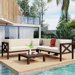 Brown Wood Outdoor Sectional Set with Beige Cushions