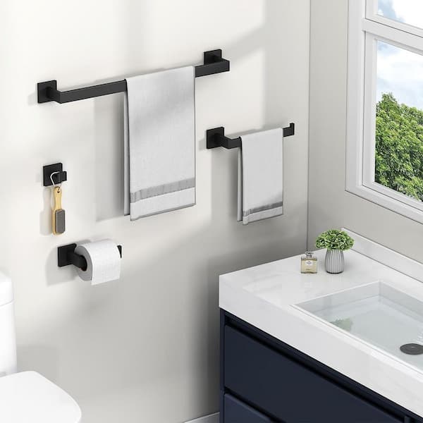 4-Piece Bath Hardware Set with Towel Bar Toilet Paper Holder Towel Hook in Stainless Steel Matte Black