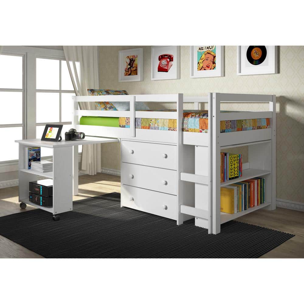 White Twin Pine Loft Bed with Storage and Desk