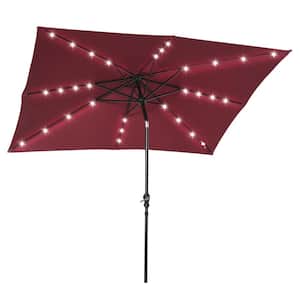 9 ft. x 7 ft. LED Steel Push-Up Patio Market Umbrella with Tilt & Crank in Wine Red