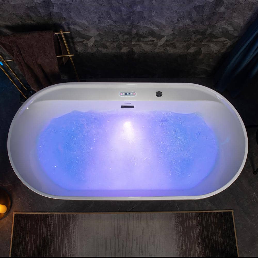 72" White Acrylic Freestanding Whirlpool Tub with Matte Black Trim
