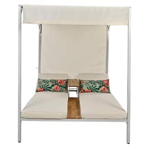 U-Style Metal Outdoor Patio Sunbed Day Bed with Beige Cushions, Adjustable Seats