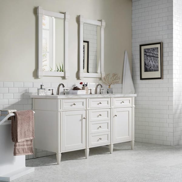 James Martin Vanities Brittany 60.0 in. W x 23.5 in. D x 34.0 in. H Double Bathroom Vanity in Bright White with Victorian Silver Quartz Top