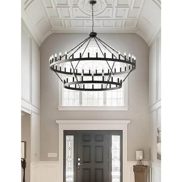 60 in. 54-Light Extra Large Black Wagon Wheel Chandeliers, 2 Tier Farmhouse Pendant Light for Dining Room Living Room