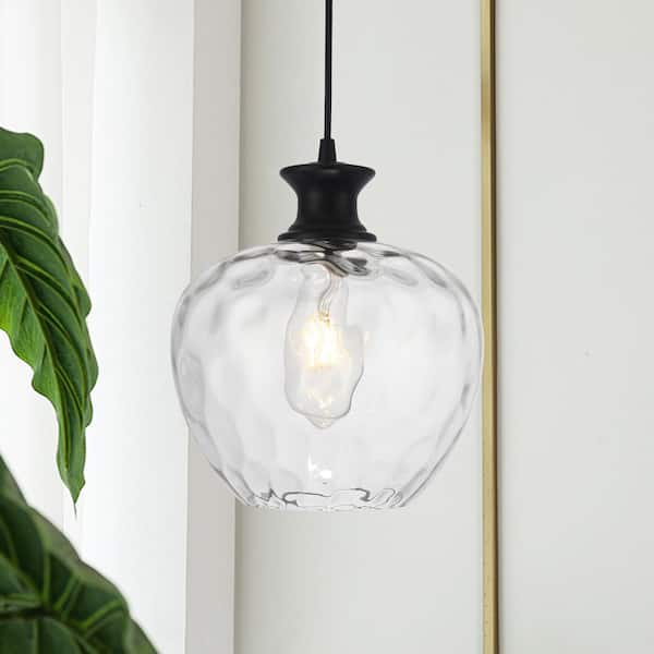 ZJVAIVE 1-Light Black Adjustable Hanging Pendant Light with Water Ripple Class Shaded for Living Room
