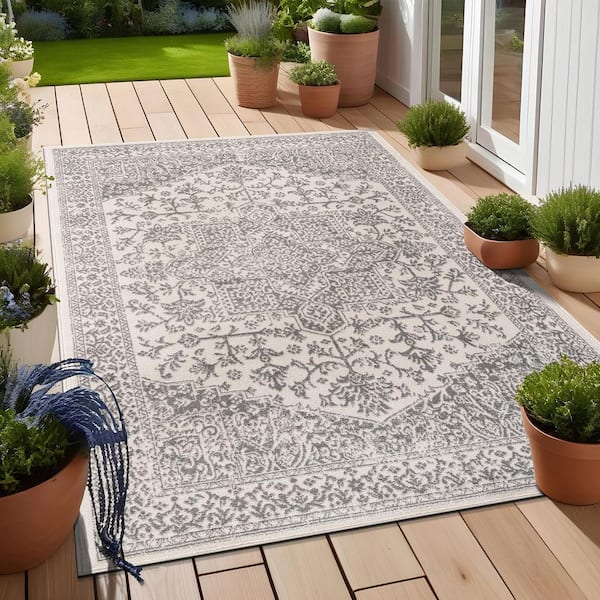 Athena Gray 6 ft. x 9 ft. Rubber Back Washable Oriental Border Indoor Outdoor Patio Area Rug