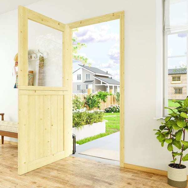 36 in. x 80 in. Solid Pine Universal 1-Lite Clear Glass Unfinished Dutch Wood Prehung Front Door +Quick Assemble Jamb