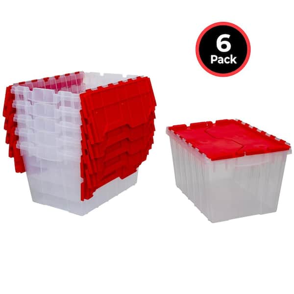 KeepBox 12-Gal Storage Tote, Stackable with Attached Lid, 21.5 in. x 15 in. x 12.5 in., Clear/Red, 6-Pack