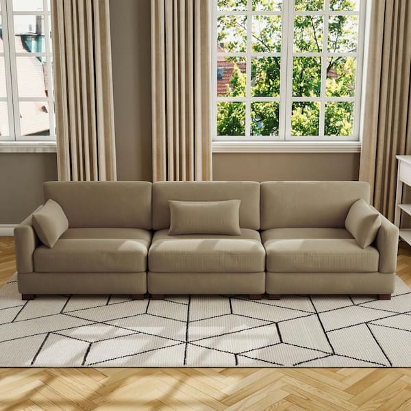 123 in. Square Arm 3-Piece Corduroy Upholstered 3-Seater Sectional Sofa in Camel