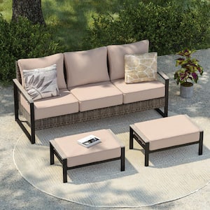 3 Pieces Patio Conversation Set Sofa with Ottomans All-Weather PE Rattan Gray Wicker with Sand Cushion