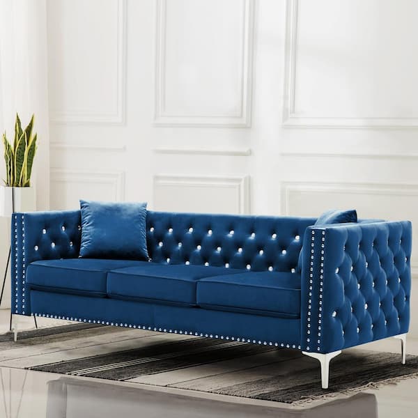 82.3 in. W Square Arm Velvet Straight Chesterfield Sofa in Blue