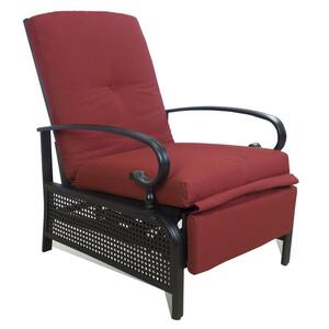Black Metal Outdoor Recliner with Burgundy Cushions for Outdoor Reading, Sunbathing or Relaxation