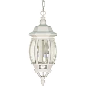 3-Light Outdoor White Hanging Lantern with Clear Beveled Glass