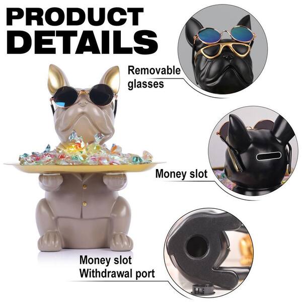 Angel Sar Gray Modern Decor Resin Bulldog Tray Statue, Piggy Bank