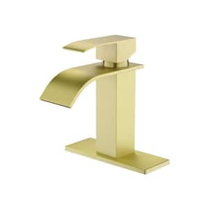 Single Handle Waterfall Single Hole Bathroom Faucet with Deckplate Stainless Steel Bathroom Sink Faucets in Brushed Gold