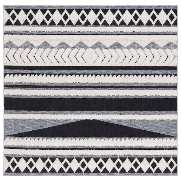 Cottage Ivory/Black 7 ft. x 7 ft. High-Low Striped Indoor/Outdoor Square Area Rug