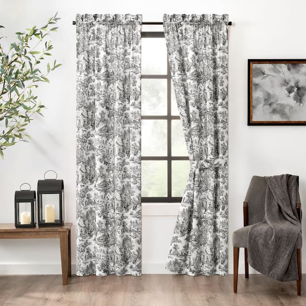 Ellis Curtain Victoria Park Black Cotton Toile Rod Pocket Room Darkening Curtain - 34 in. W x 84 in. L (Set of 2)